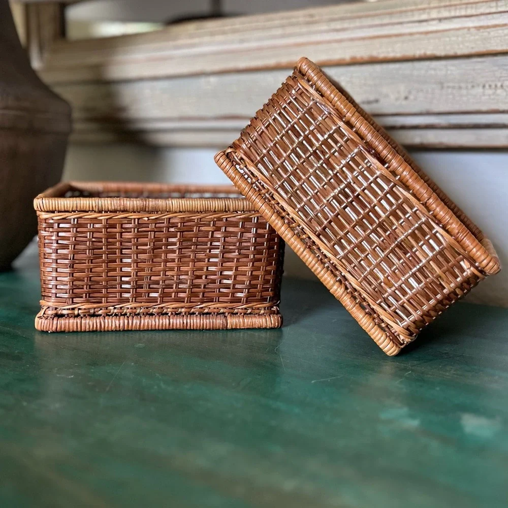 Set of 2 | Rattan Square Baskets | Vintage | Two Sizes